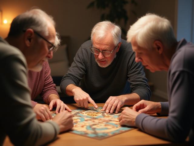 A diverse group of middle-aged and older adults engaged in a focused, collaborative board game, indicating cognitive engagement and social interaction