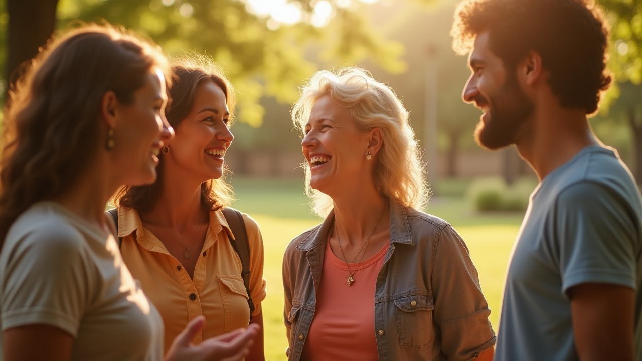 Diverse group of adults (35-60) smiling, engaging in lively conversation outdoors in a park in Austin, Texas, symbolizing connection and community support.