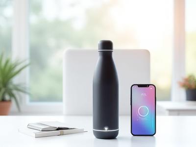 A sleek, smart water bottle glowing subtly, next to a smartphone displaying hydration data.