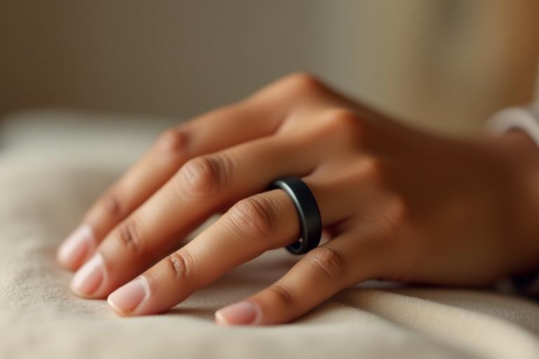 A sleek, minimalist smart ring worn on a person's finger, showcasing advanced sensors.